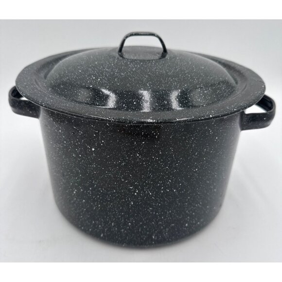 Black Speckled Enamel Stock Pot With Lid 10" Wide 6½" Depth with Handles Soup - Picture 1 of 9